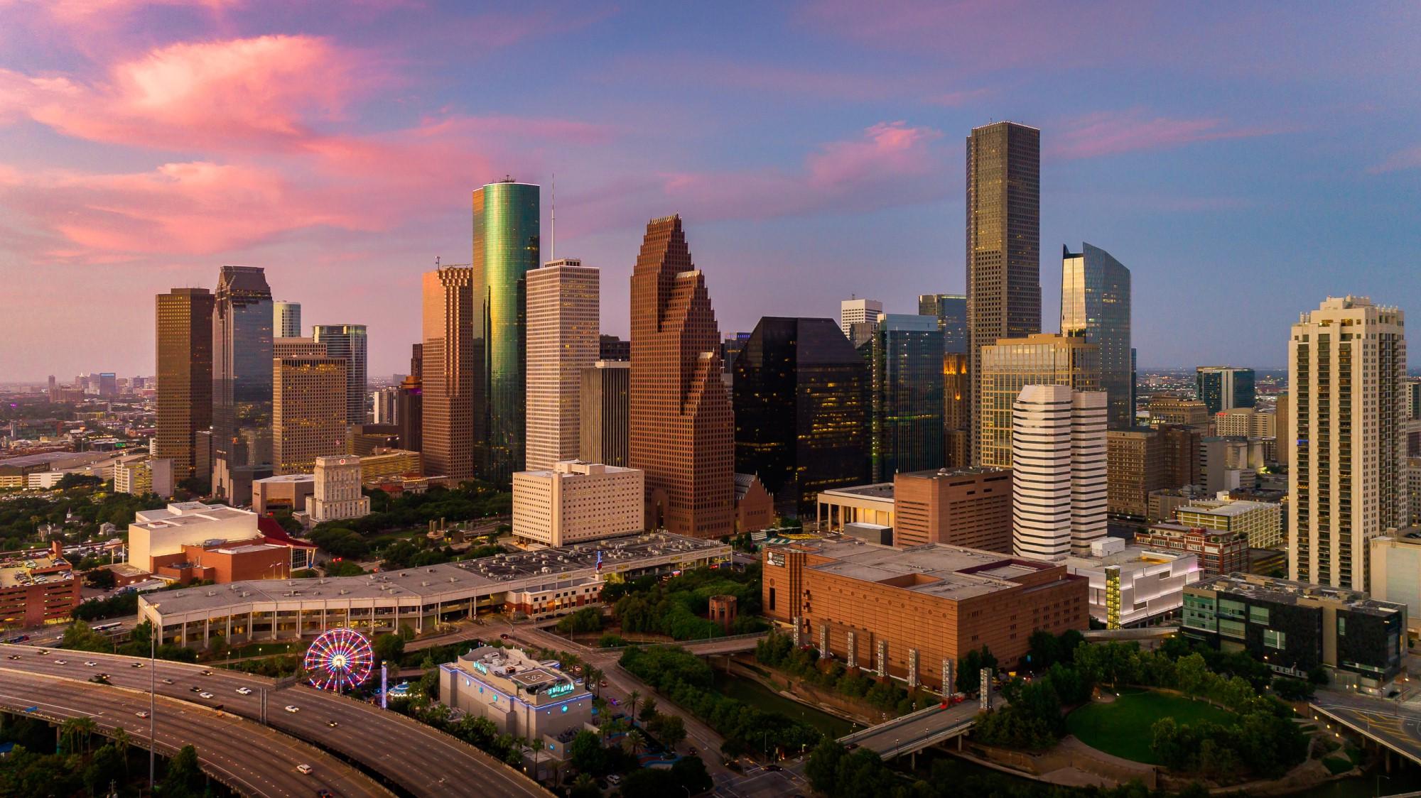 Downtown Houston skyline dusk 